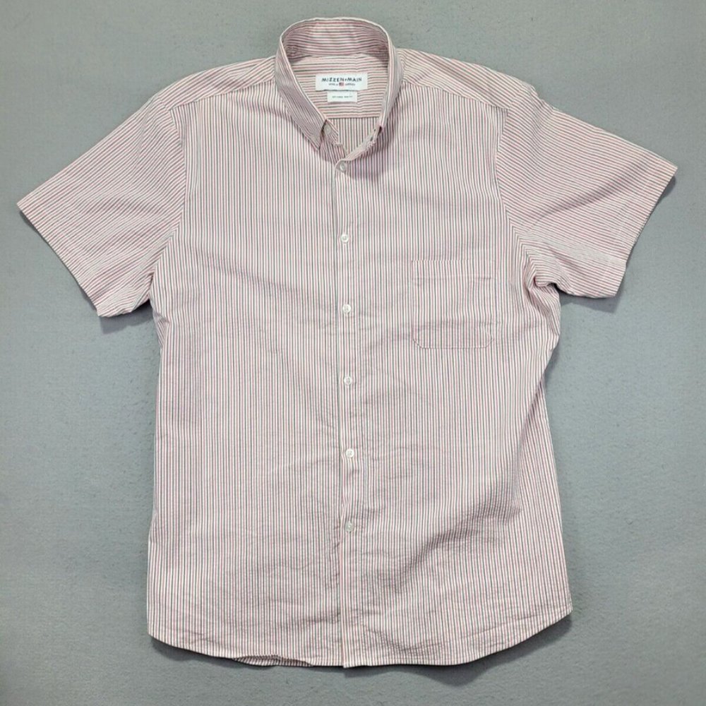 Mizzen + Main Size Large Trim SEERSUCKER SHORT SLEEVE Blue and Red Stripe NWOT